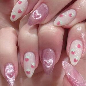 Cute Kawaii Pink Cat Eye Hearts and Strawberry Press On Nail Set